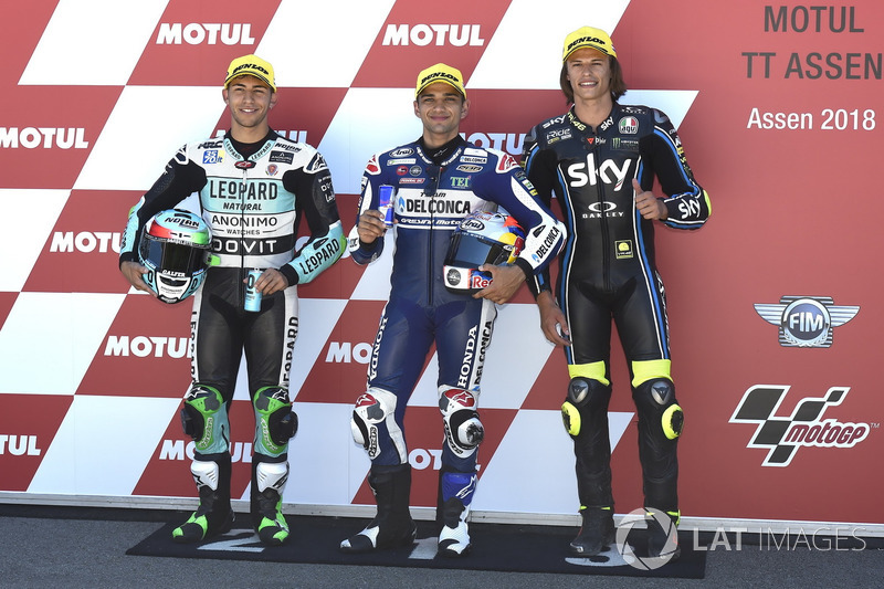 Top 3 after qualifying: Enea Bastianini, Leopard Racing, Jorge Martin, Del Conca Gresini Racing Moto3, Nicolo Bulega, Sky Racing Team VR46