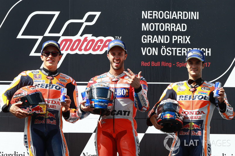 Podium: segundo, Marc Márquez, Repsol Honda Team, Ganador, Andrea Dovizioso, Ducati Team, tercero, D