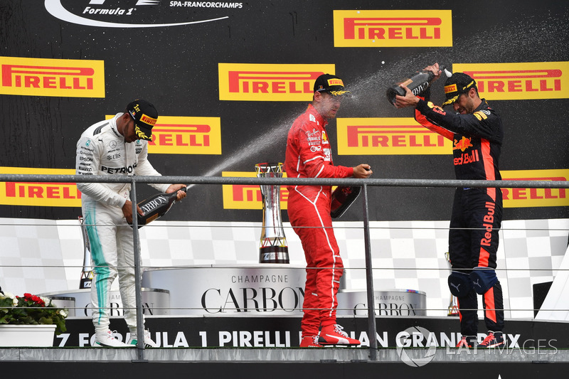 Lewis Hamilton, Mercedes AMG F1, Sebastian Vettel, Ferrari and Daniel Ricciardo, Red Bull Racing celebrate on the podium