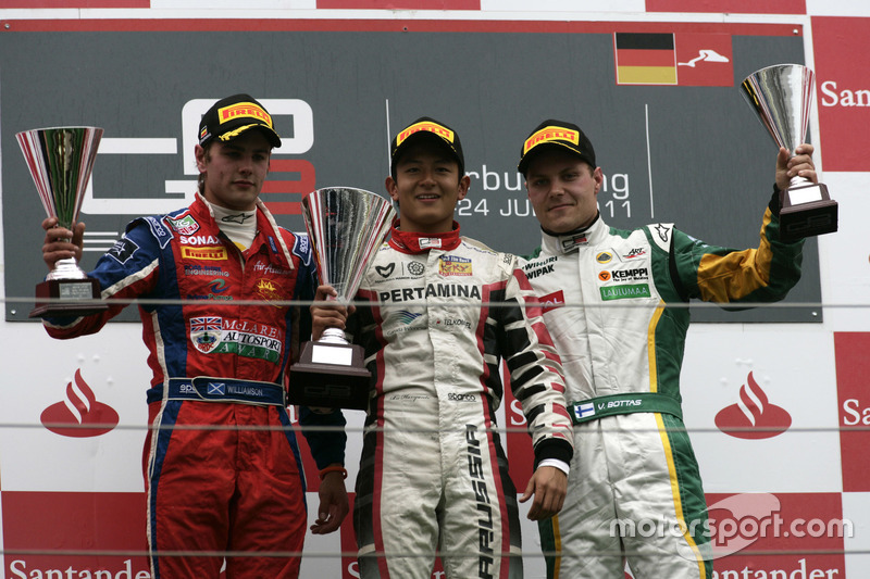 Podium GP3 Jerman 2011: Pemenang balapan, Rio Haryanto bersama Lewis Williamson dan Valtteri Bottas.
