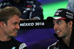 (L to R): Nico Rosberg, Mercedes AMG F1 and Sergio Perez, Sahara Force India F1 in the FIA Press Conference