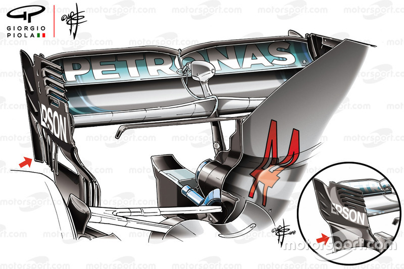 Mercedes W09 rear wing endplate comparison