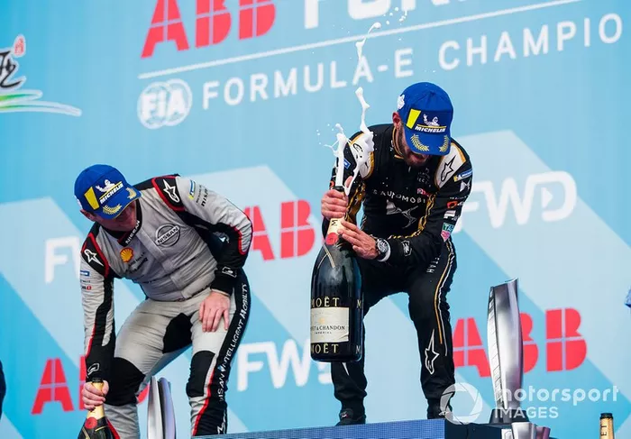 Jean-Eric Vergne, DS TECHEETAH, 1st position, Oliver Rowland, Nissan e.Dams, 2nd position, celebrate on the podium