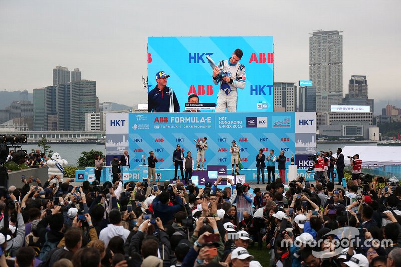 Edoardo Mortara, Venturi Formula E receives his second position trophy on the podium