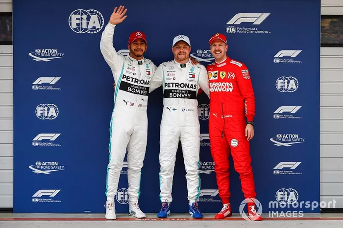 Pole sahibi Valtteri Bottas, Mercedes AMG F1, 2. Lewis Hamilton, Mercedes AMG F1, 3. Sebastian Vettel, Ferrari