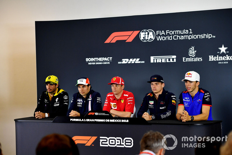 Carlos Sainz Jr., Renault Sport F1 Team, Sergio Perez, Racing Point Force India F1 Team, Kimi Raikkonen, Ferrari, Max Verstappen, Red Bull Racing et Pierre Gasly, Scuderia Toro Rosso, lors de la conférence de presse