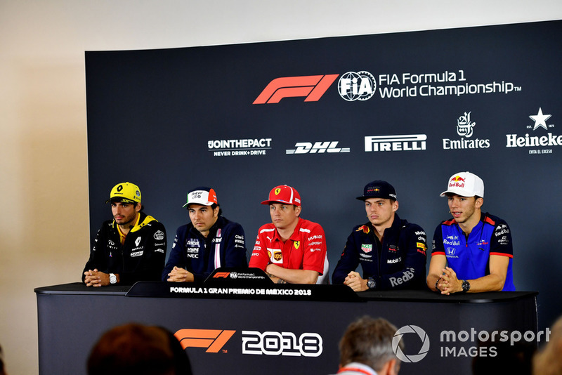 (L to R): Carlos Sainz Jr., Renault Sport F1 Team, Sergio Perez, Racing Point Force India F1 Team, Kimi Raikkonen, Ferrari, Max Verstappen, Red Bull Racing and Pierre Gasly, Scuderia Toro Rosso in Press Conference 