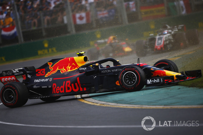 Max Verstappen, Red Bull Racing RB14 Tag Heuer, spins in the path of Romain Grosjean, Haas F1 Team V