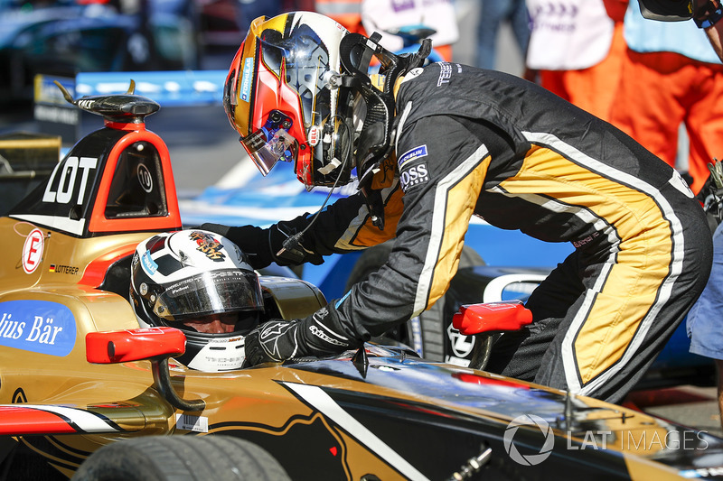 Jean-Eric Vergne, Techeetah congratulates his team mate Andre Lotterer, Techeetah