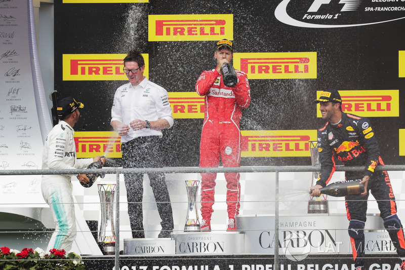 Podium: second place Sebastian Vettel, Ferrari, Race winner Lewis Hamilton, Mercedes AMG F1, third place Daniel Ricciardo, Red Bull Racing