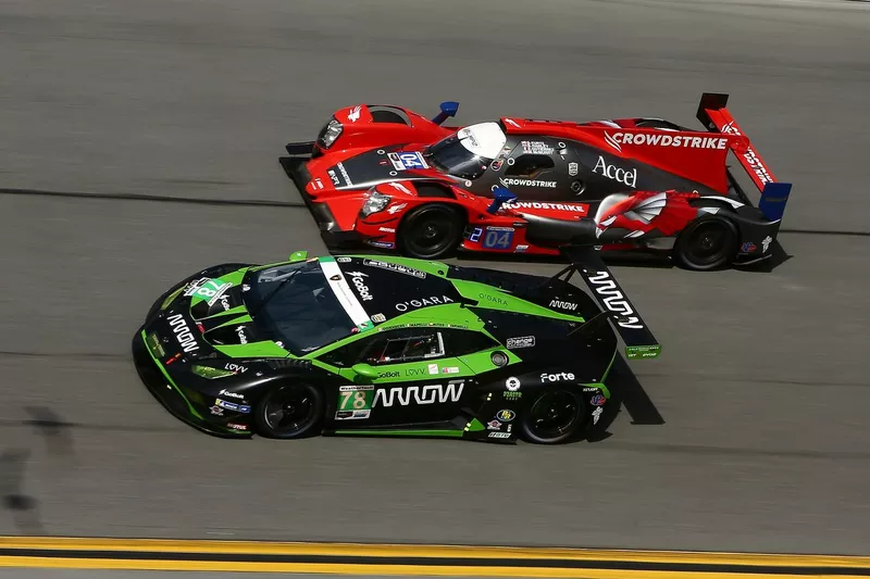 #04 Crowdstrike Racing by APR ORECA LMP2 07: George Kurtz, Ben Hanley, Matt McMurry, Esteban Gutierrez, #78 US RaceTronics Lamborghini Huracan GT3 EVO2: Misha Goikhberg, Loris Spinelli, Benja Hites, Marco Mapelli