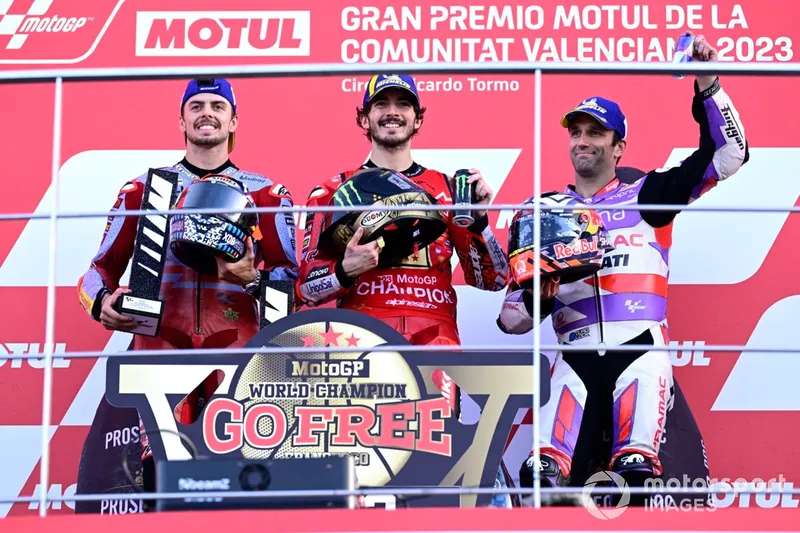 Francesco Bagnaia, Ducati Team, Fabio Di Giannantonio, Gresini Racing, Johann Zarco, Pramac Racing podium