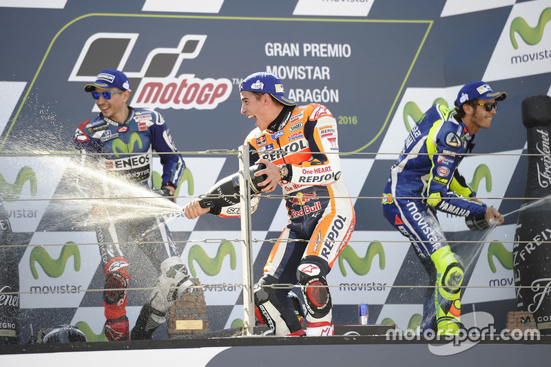 Podium: race winner Marc Marquez, Repsol Honda Team, second place Jorge Lorenzo, Yamaha Factory Racing, third place Valentino Rossi, Yamaha Factory Racing