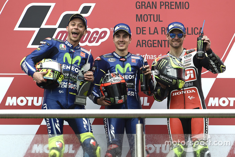 Podium: 1. Maverick Viñales, 2. Valentino Rossi, 3. Cal Crutchlow