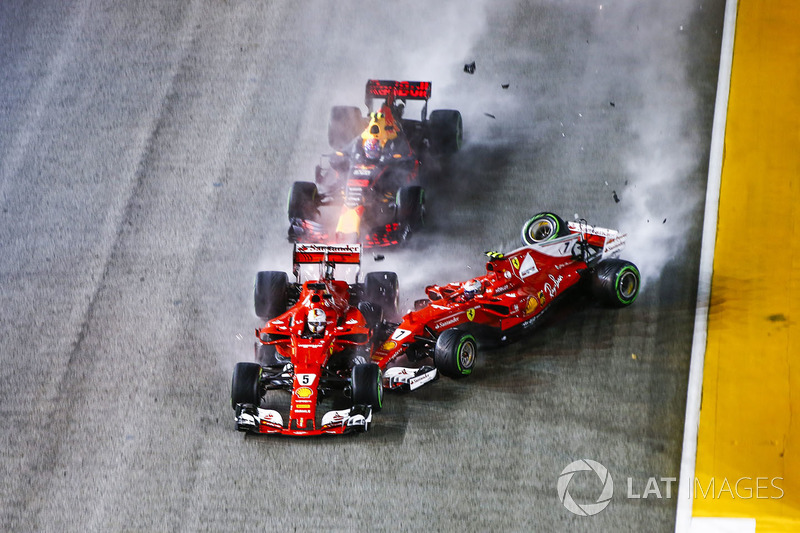 Sebastian Vettel, Ferrari SF70H, Max Verstappen, Red Bull Racing RB13, Kimi Raikkonen, Ferrari SF70H, collide at the start