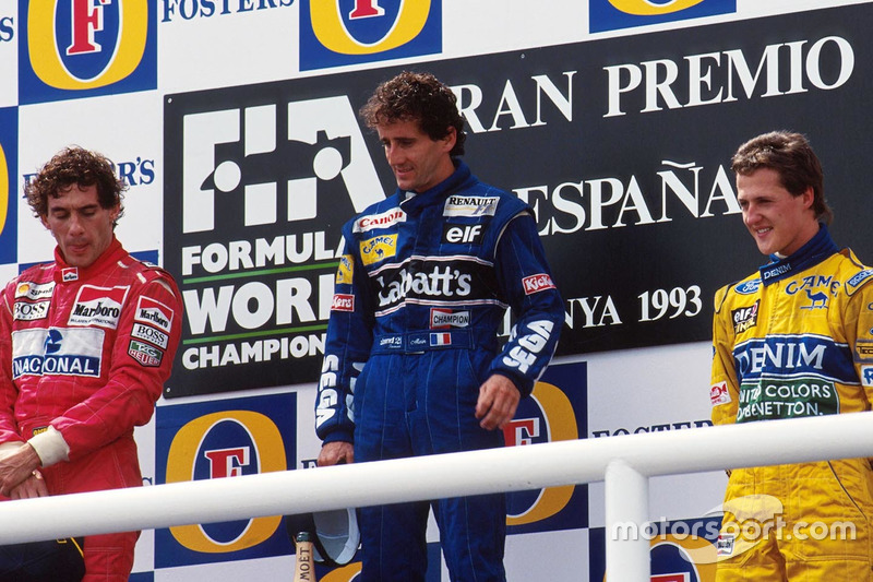 Podio: ganador de la carrera Alain Prost, Williams, segundo lugar Ayrton Senna, McLaren y tercer lugar Michael Schumacher, Benetton