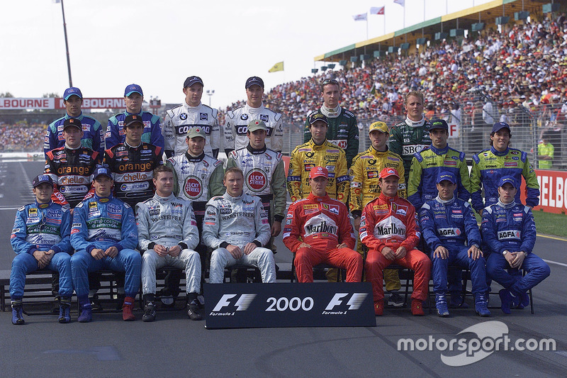 The formula one drivers get together for the annual start of year drivers group shot: (back row L-R) Pedro Diniz, Mika Salo, Jenson Button, Ralph Schumacher, Eddie Irvine and Johnny Herbert. (middle row L-R) Jos Verstappen, Pedro de la Rosa, Jacques Villeneuve, Ricardo Zonta, Heinz-Harald Frentzen, Jarno Trulli, Marc Gené and Gastón Mazzacane. (front row L-R) Giancarlo Fisichella, Alexander Wurz, David Coulthard, Mika Häkkinen, Michael Schumacher, Rubens Barrichello, Jean Alesi and Nick Heidfeld