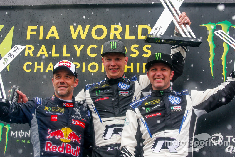 Podium: Race winner Johan Kristoffersson, PSRX Volkswagen Sweden, second place Sébastien Loeb, Team Peugeot Total,-third place Petter Solberg, PSRX Volkswagen Sweden