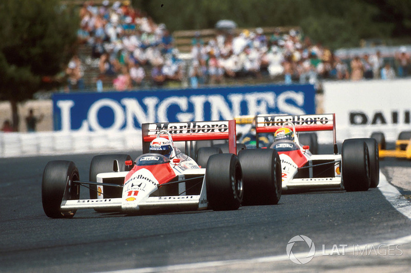 Alain Prost, McLaren MP4/4,  leads his teammate Ayrton Senna, McLaren MP4/4