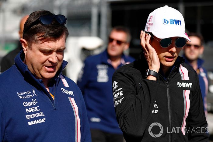 Esteban Ocon, Force India, conducts a track walk with colleagues