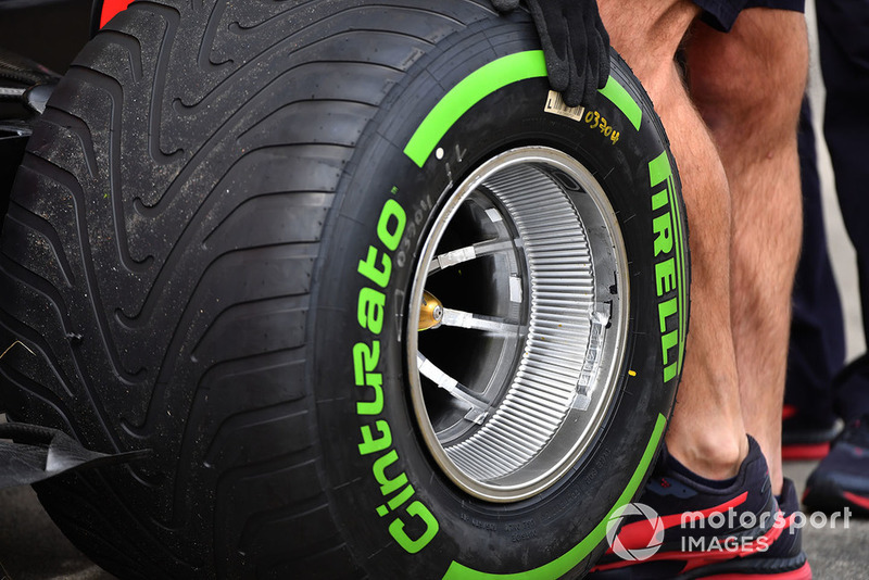 Pirelli tyre mounted on Red Bull RB14