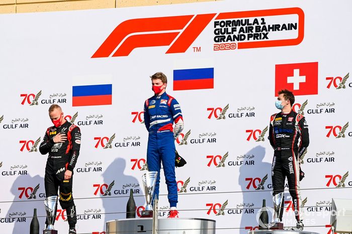 Nikita Mazepin, Hitech Grand Prix, Race Winner Robert Shwartzman, Prema Racing and Louis Deletraz, Charouz Racing System on the podium