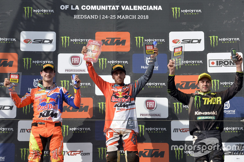 Il podio con Jeffrey Herlings, Red Bull KTM Factory, Antonio Cairoli, Red Bull KTM Factory e Clement Desalle, Monster Kawasaki