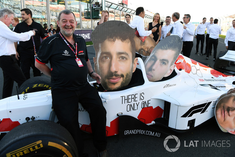 Paul Stoddart, with F1 Experiences 2Seater and cardboard cut out faces