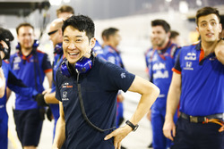 The Toro Rosso team celebrate a 4th place finish