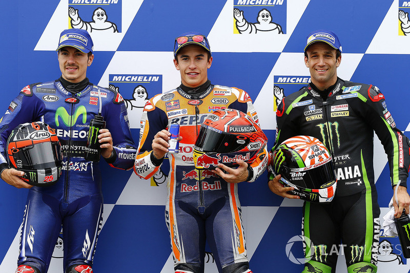O pole Marc Márquez, Repsol Honda Team, o segundo Maverick Viñales, da Yamaha Factory Racing e o terceiro Johann Zarco, Monster Yamaha Tech 3