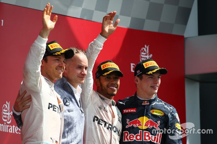 Race winner Lewis Hamilton, Mercedes AMG F1 W07; second place Nico Rosberg, Mercedes AMG Petronas F1 W07 and third place Max Verstappen, Red Bull Racing