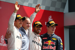 Race winner Lewis Hamilton, Mercedes AMG F1 W07; second place Nico Rosberg, Mercedes AMG Petronas F1 W07 and third place Max Verstappen, Red Bull Racing