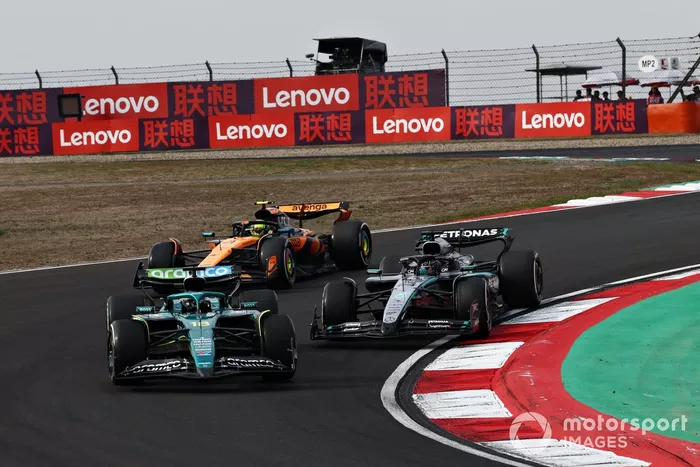 Lando Norris, McLaren, George Russell, Mercedes, Lance Stroll, Aston Martin Racing
