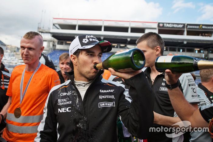 Sergio Pérez, Sahara Force India F1 celebra su tercera posición con el equipo