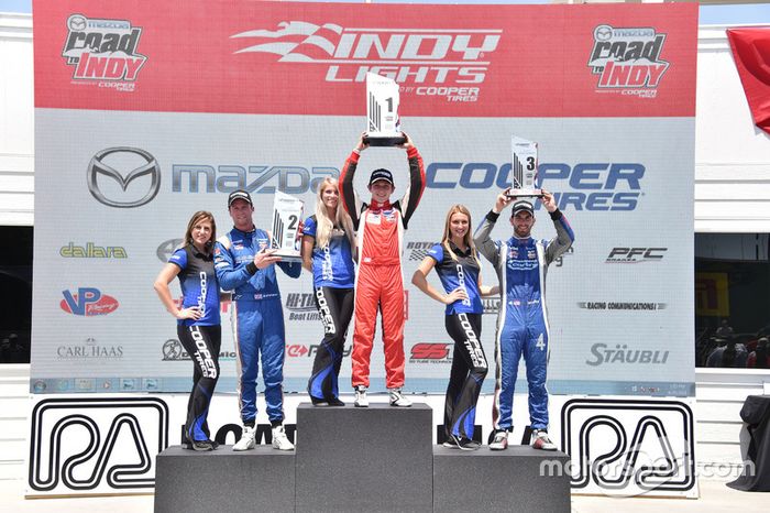 Podio: segundo lugar Dean Stoneman, Andretti Autosport, ganador de la carrera Zach Veach, Belardi Auto Racing, tercer lugar Felix Serralles, Carlin