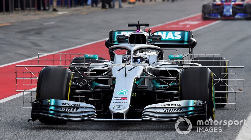 Valtteri Bottas, Mercedes AMG F1 W10, carries a test rig
