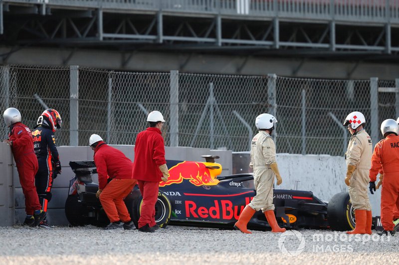 Pierre Gasly, Red Bull Racing RB15 in the gravel after crashing into the barrier