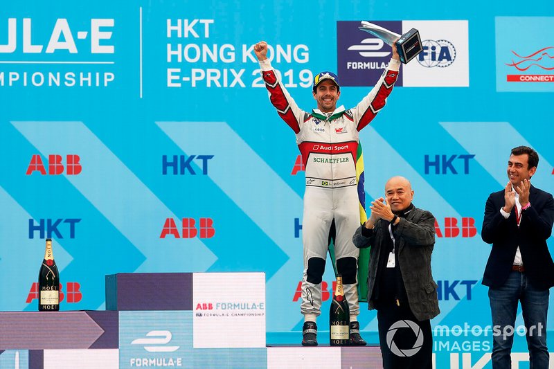 Lucas Di Grassi, Audi Sport ABT Schaeffler, Audi e-tron FE05, celebrates on the podium