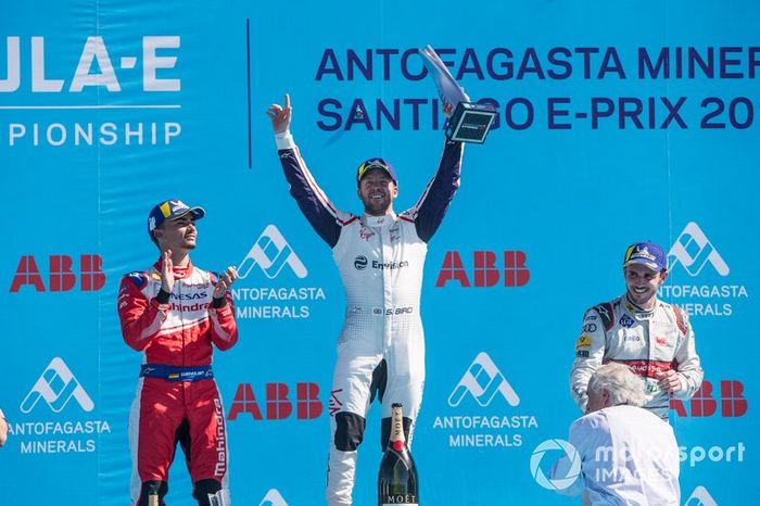 Ganador, Sam Bird, Envision Virgin Racing celebra con Pascal Wehrlein, Mahindra Racing, Daniel Abt, Audi Sport ABT Schaeffler