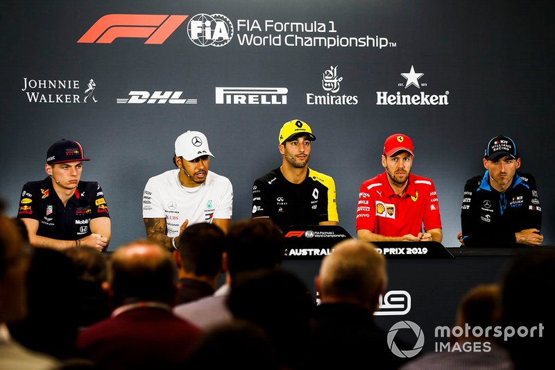 Max Verstappen, Red Bull Racing, Lewis Hamilton, Mercedes AMG F1, Daniel Ricciardo, Renault F1 Team, Sebastian Vettel, Ferrari e Robert Kubica, Williams Racing, durante la conferenza stampa