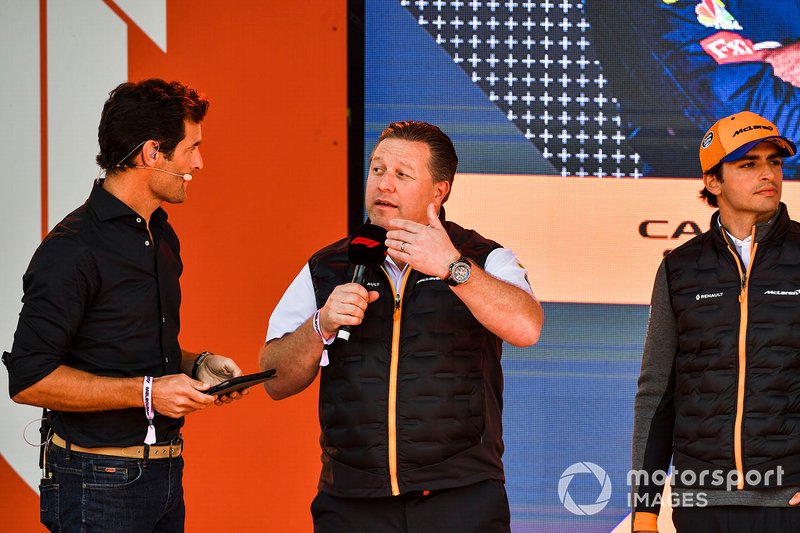 Mark Webber, Zak Brown, McLaren Executive Director and Carlos Sainz Jr., McLaren at the Federation Square event