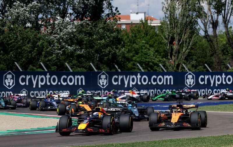 Lando Norris, McLaren, Oscar Piastri, McLaren, Max Verstappen, Red Bull Racing, George Russell, Mercedes
