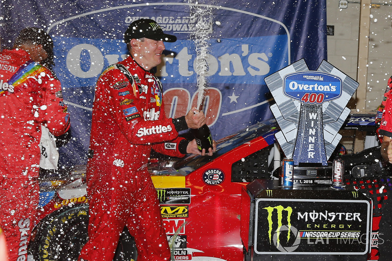 Kyle Busch, Joe Gibbs Racing, Toyota Camry Skittles Red White & Blue celebrates in victory lane