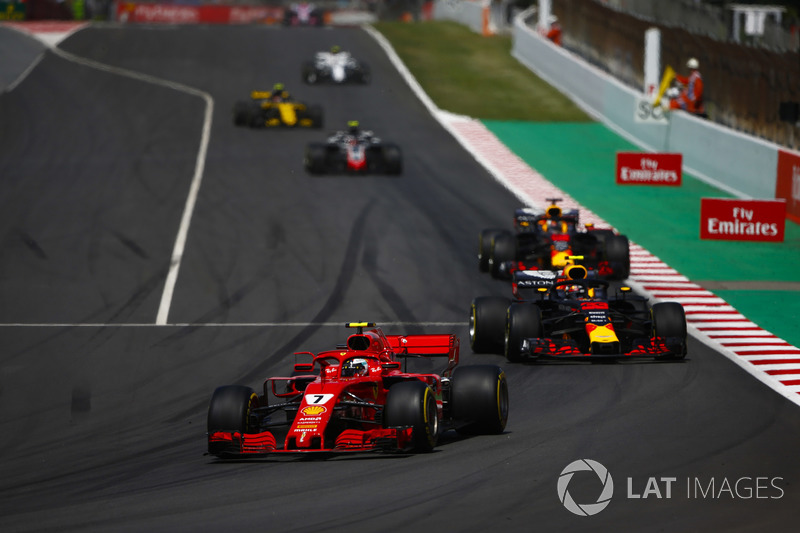 Kimi Raikkonen, Ferrari SF71H, Max Verstappen, Red Bull Racing RB14, and Daniel Ricciardo, Red Bull Racing RB14, behind the safety car