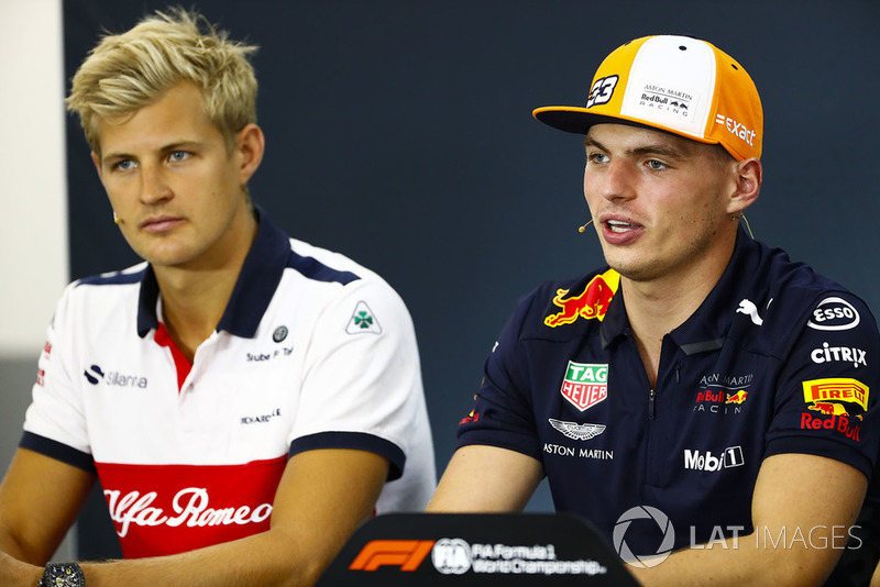 Marcus Ericsson, Sauber, and Max Verstappen, Red Bull Racing, in the Thursday press conference