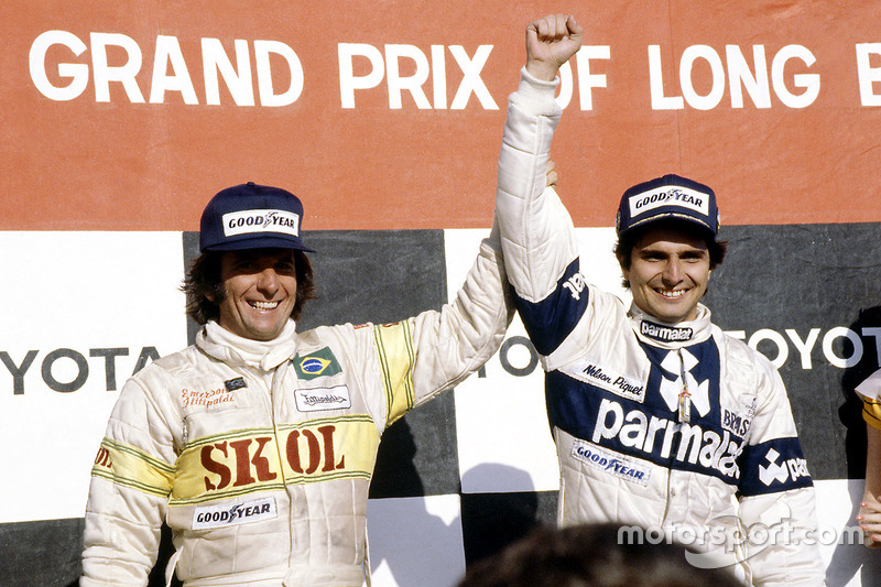 Le vainqueur Nelson Piquet, Brabham BT49-Ford Cosworth; le troisième Emerson Fittipaldi, Fittipaldi F7-Ford Cosworth