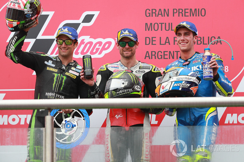 Podium: second place Johann Zarco, Monster Yamaha Tech 3, race winner Cal Crutchlow, Team LCR Honda, third place Alex Rins, Team Suzuki MotoGP