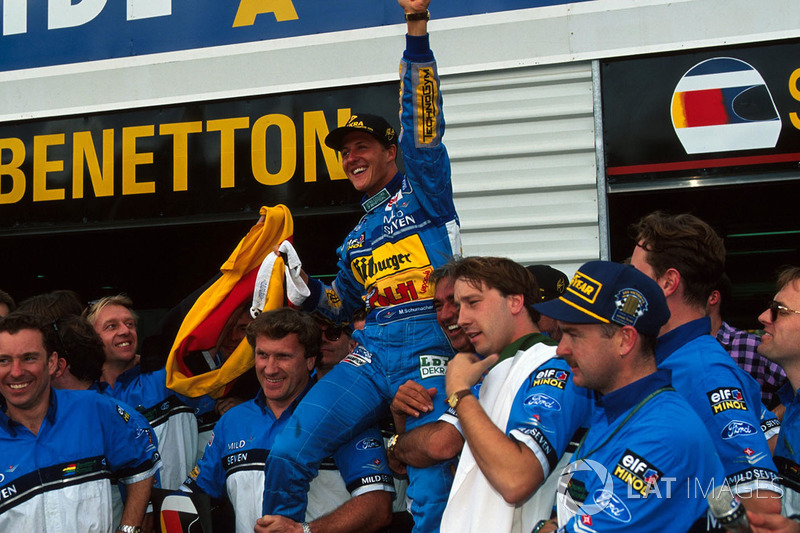 Michael Schumacher, Benetton celebrates his world title with the Benetton team