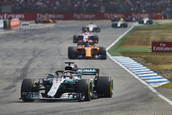 Lewis Hamilton, Mercedes AMG F1 W09, leads Fernando Alonso, McLaren MCL33