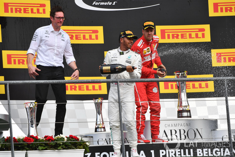 Andy Shovlin, Mercedes AMG F1 Engineer, Lewis Hamilton, Mercedes AMG F1 and Sebastian Vettel, Ferrari celebrate on the podium